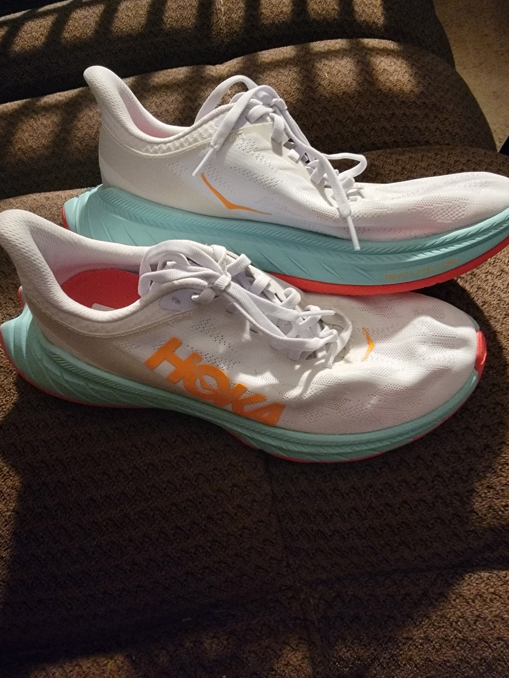 Hoka CARBON X2 Women's White, Aqua & Coral Running Shoes
